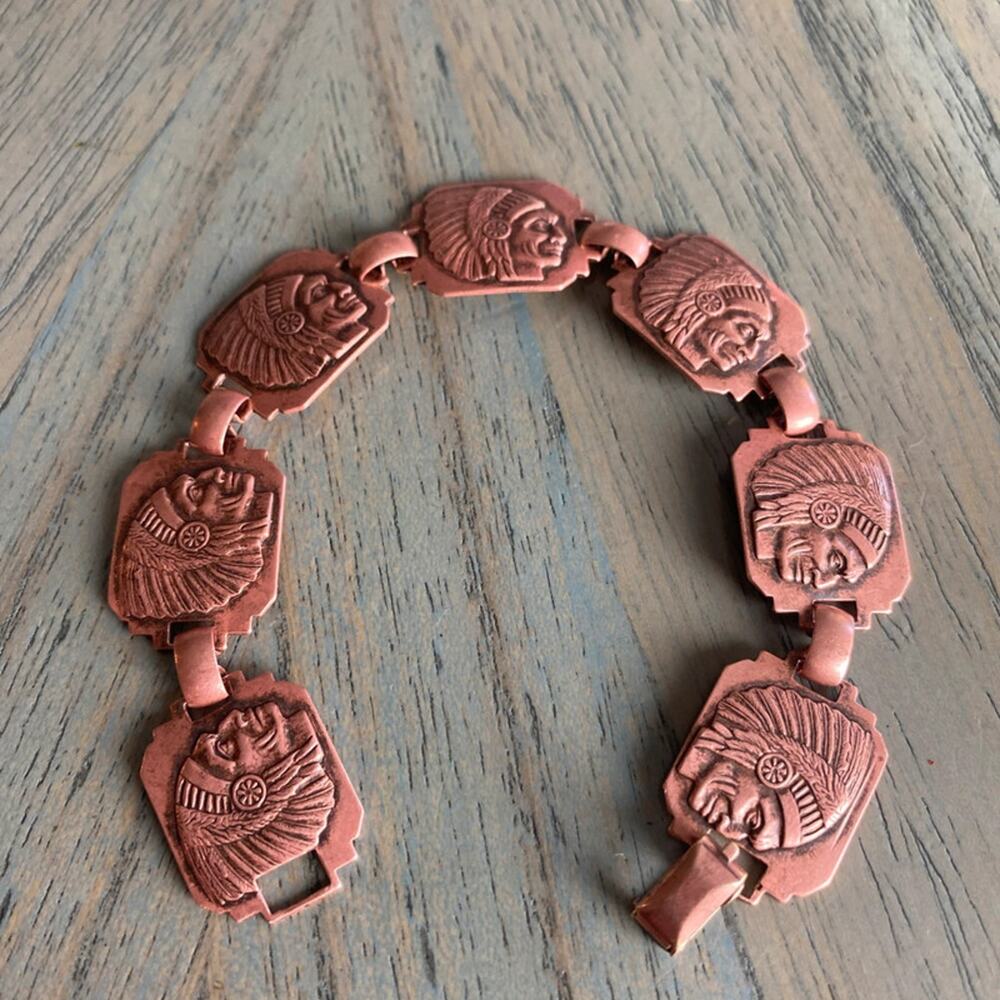 Copper Linked Bracelet Vintage Native American Rectangle Indian Chief Panels 7"